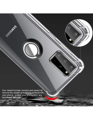 Detaljvy av Samsung Galaxy S20 Plus skal med ringhållare, visande förstärkta hörn och kamerautskärning