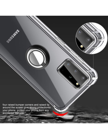 Detaljvy av Samsung Galaxy S20 Plus skal med ringhållare, visande förstärkta hörn och kamerautskärning