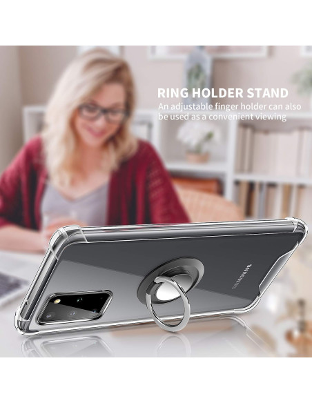 Samsung Galaxy S20 Plus skal med ringhållare, visande baksidan och ringens användning som stativ