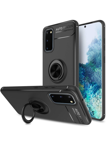 Svart stöttåligt skal för Samsung Galaxy S20 med ringhållare, sett framifrån