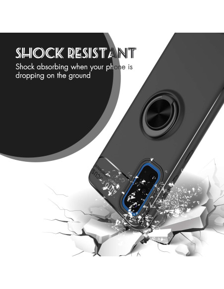 Detaljvy av svart stöttåligt skal för Samsung Galaxy S20 med ringhållare, visande chockabsorberande funktion