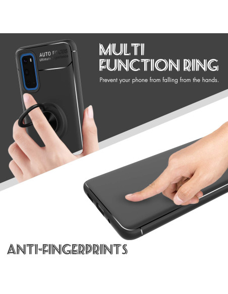 Närbild av svart stöttåligt skal för Samsung Galaxy S20 med ringhållare, visande funktionalitet