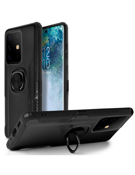 Svart stöttåligt skal för Samsung S20 Ultra med ringhållare, sett från sidan och bakifrån