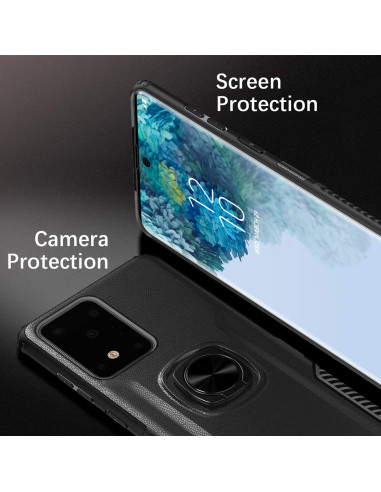 Detaljvy av svart stöttåligt skal för Samsung S20 Ultra med fokus på kameraskydd och skärmskydd