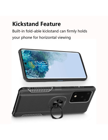 Svart stöttåligt skal för Samsung S20 Ultra med ringhållare, visat med kickstand-funktion för horisontell visning