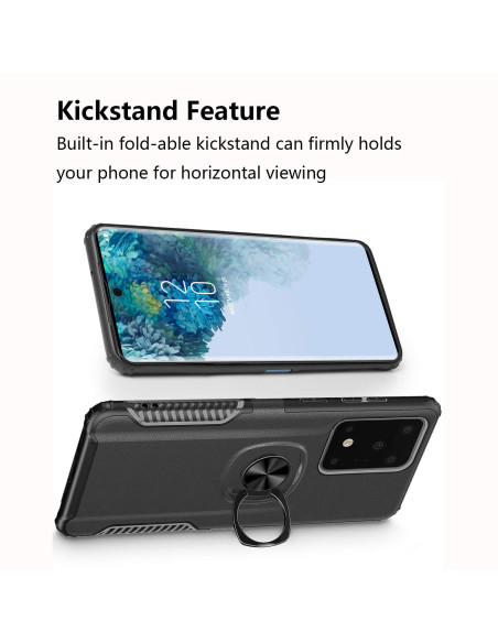 Svart stöttåligt skal för Samsung S20 Ultra med ringhållare, visat med kickstand-funktion för horisontell visning