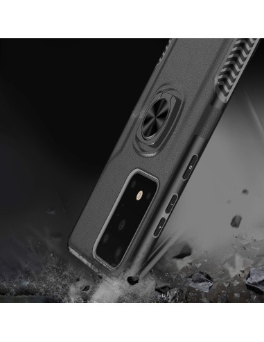 Närbild av svart stöttåligt skal för Samsung S20 Ultra med fokus på ringhållaren och kameraskyddet