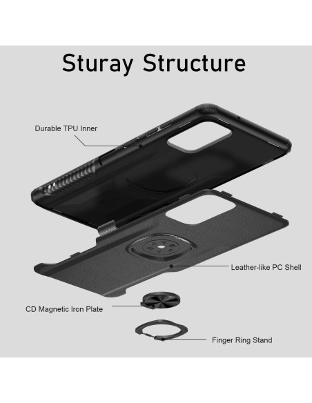 Svart stöttåligt skal för Samsung S20 Ultra med ringhållare, visat i isärplockad vy för att visa inre struktur