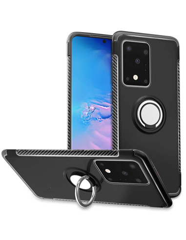 Svart stöttåligt skal med ringhållare för Samsung S20 Ultra, visat från sidan och bakifrån