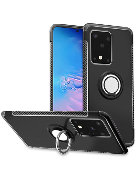 Svart stöttåligt skal med ringhållare för Samsung S20 Ultra, visat från sidan och bakifrån