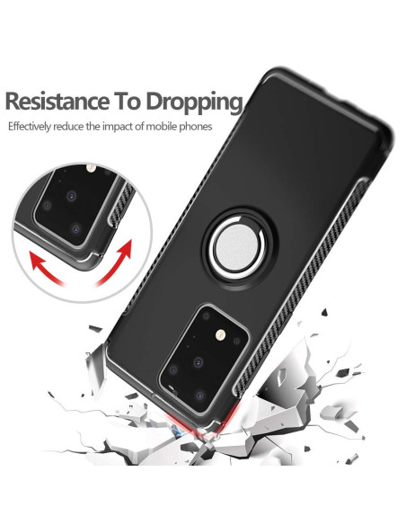 Svart stöttåligt skal för Samsung S20 Ultra med ringhållare, visat i detalj med fokus på ringens funktion