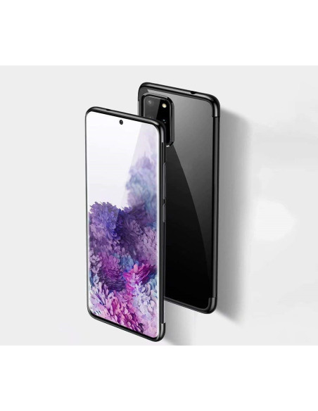 Samsung S20 Plus med stötdämpande gummiskal V2, sett framifrån med transparent baksida