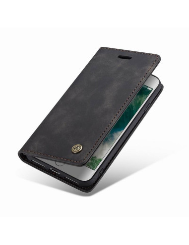 Svart flipfodral för iPhone 7 med öppet lock som visar skärmen och kortfacken