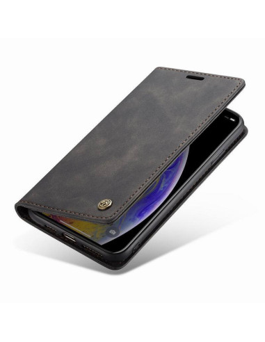Svart flipfodral för iPhone XS/X med stängd vy och synlig telefon
