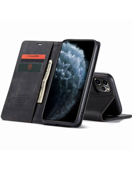 Öppet flipfodral i svart konstläder för iPhone 11 Pro Max med kortfack och stativfunktion
