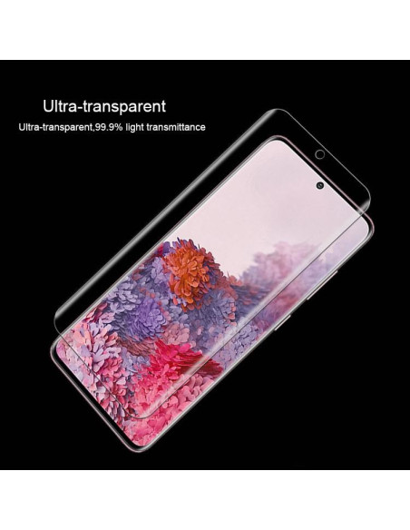 Tydlig vy av transparent 3D PET-skärmskydd ovanifrån, visar skärmdetaljer