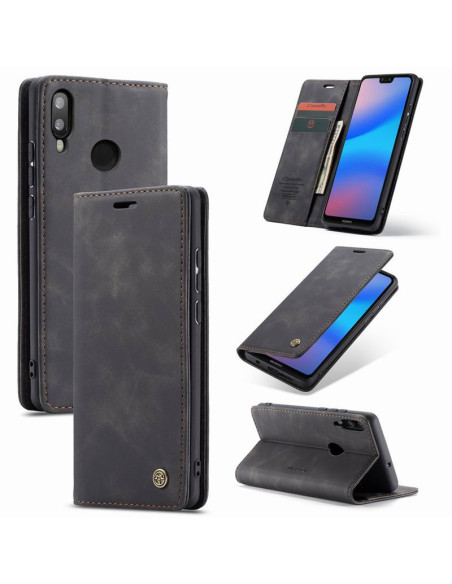 Svart flipfodral för Huawei P20 Lite med öppet lock och kortfack synligt inuti