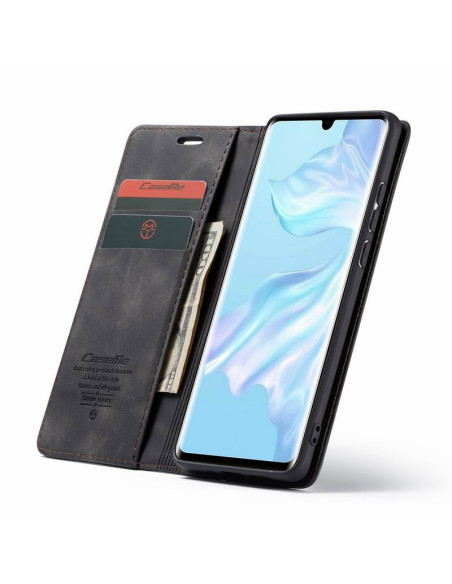 Svart flipfodral för Huawei P30 Pro med kortfack och telefon i öppen vy