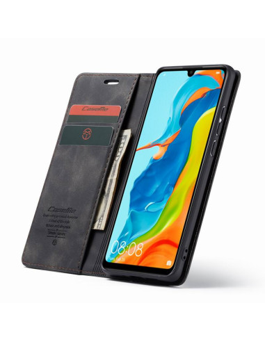 Svart flipfodral för Huawei P30 Lite med kortfack och öppet lock, visat från sidan