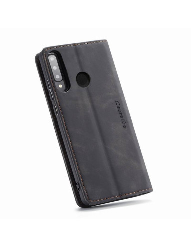Svart flipfodral för Huawei P30 Lite, sett från sidan med stängd design och synlig logotyp