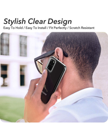 Samsung S20 Plus skal i transparent design, hålls av en person med solglasögon