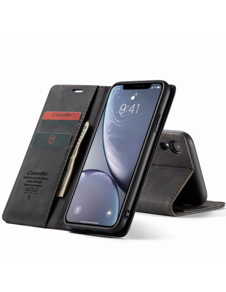 Svart flipfodral för iPhone XR med tre kortfack, öppet för visning av skärmen