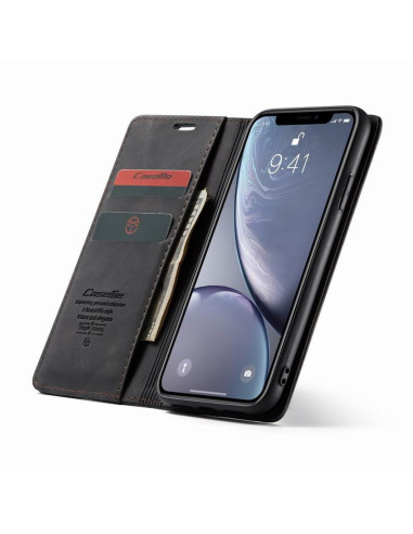 Svart flipfodral för iPhone XR med tre kortfack, öppet och visande telefonens skärm och kort
