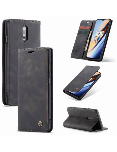 OnePlus 7 flipfodral CaseMe i svart konstläder, öppet med kortfack och telefon monterad