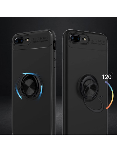 Svart stöttåligt skal för iPhone 7 Plus med ringhållare, visat bakifrån med detaljerad vy av ringens funktion