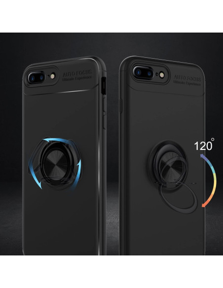Svart stöttåligt skal för iPhone 7 Plus med ringhållare, visat bakifrån med detaljerad vy av ringens funktion