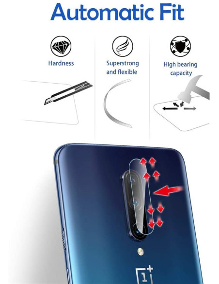 Närbild av OnePlus 7T Pro med linsskydd som visar installation och skyddets passform