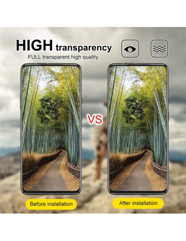 Jämförelse av OnePlus 7T Pro med och utan linsskydd, visar skyddets transparens