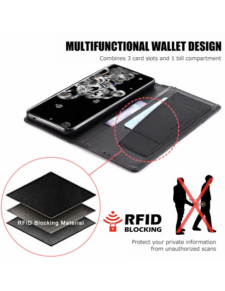 Svart fodral i PU-läder för Samsung S20 Ultra med tre kortfack och RFID-skydd, öppet vy