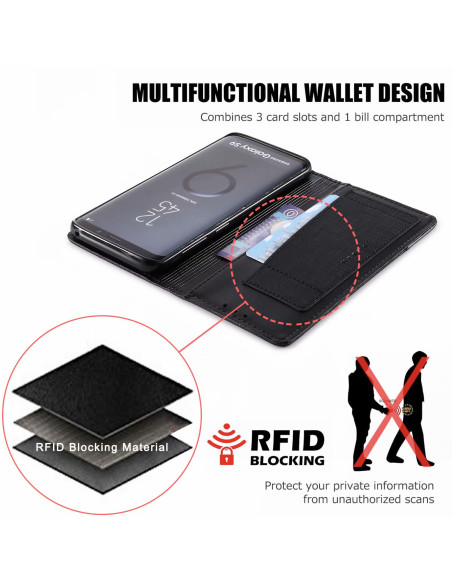 Fodral för Samsung S9 Plus med tre kortfack och RFID-blockering, öppet läge