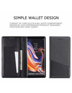 Svart plånboksfodral i PU-läder för Samsung Note 9 med RFID-skydd, öppet och stående vy 2