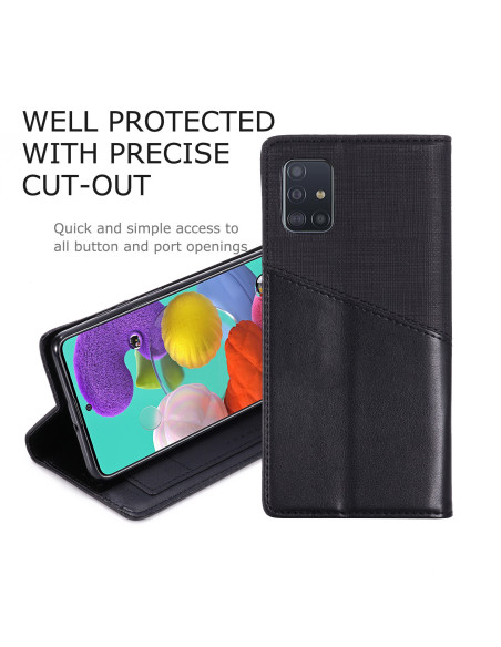 Svart PU-läderfodral för Samsung A51 med exakt kamerautskärning och öppet läge