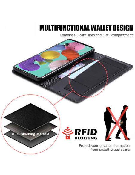 Svart fodral i PU-läder för Samsung A51 med tre kortfack och RFID-blockering, öppet läge
