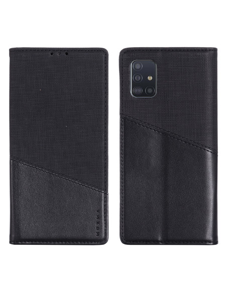 Svart fodral i PU-läder för Samsung A51 med diagonala detaljer och RFID-blockering, stängt läge