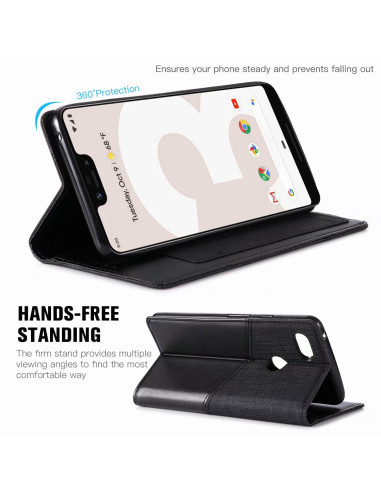 Svart PU-läderfodral för Google Pixel 3 med ställfunktion, visat från sidan