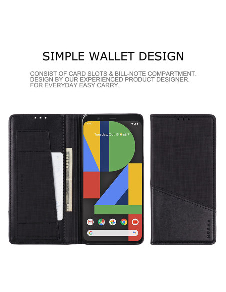 Svart fodral för Google Pixel 4 XL med öppet kortfack och telefon insatt, visande kortfackets design