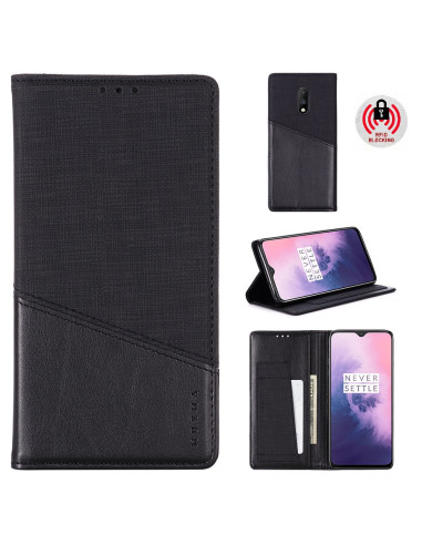 Svart PU-läderfodral för OnePlus 6T med RFID-blockering, öppet och med telefon insatt