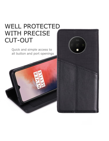 Svart fodral i PU-läder för OnePlus 7T med tydlig kamerautskärning och stativfunktion