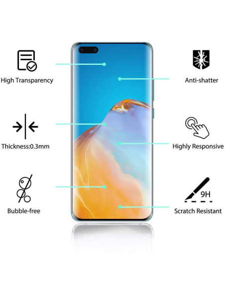 Framifrån vy av Huawei P40 Pro med 3D härdat glas som visar skyddets funktioner och design
