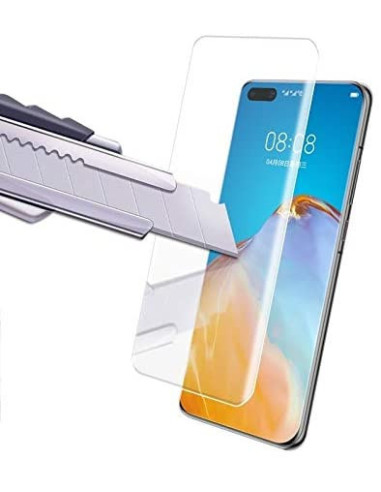 Detaljvy av Huawei P40 Pro med skärmskydd som appliceras med kniv