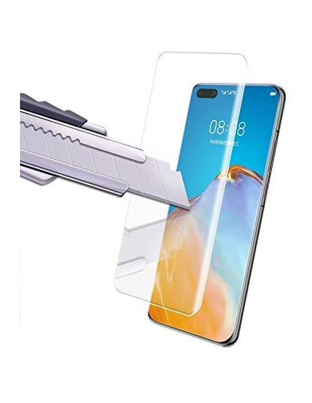 Detaljvy av Huawei P40 Pro med skärmskydd som appliceras med kniv