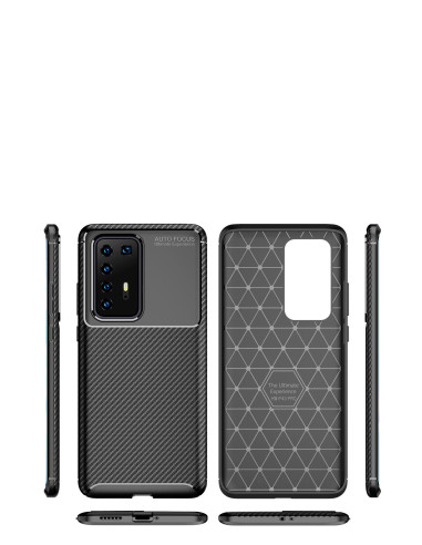 Baksidan av Huawei P40 Pro med FullCarbon V4-skal, visar karbonfibertextur och kamerautskärning