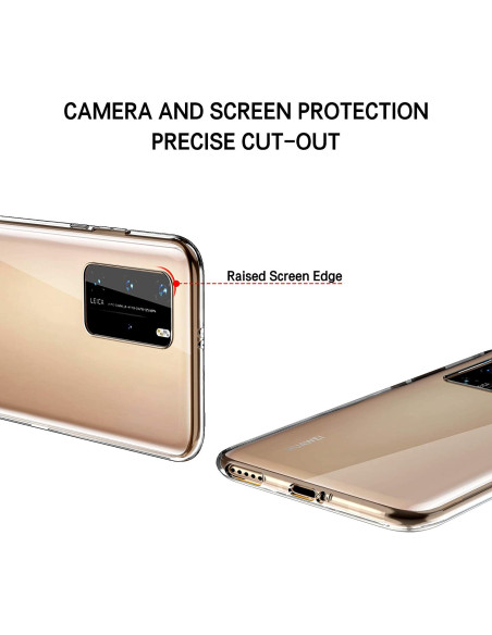 Detaljvy av Huawei P40 Pro med transparent skal, visar kamerautskärning och upphöjd skärmkant