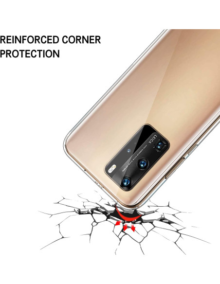 Närbild av Huawei P40 Pro med transparent skal som visar förstärkta hörn och kamerautskärning