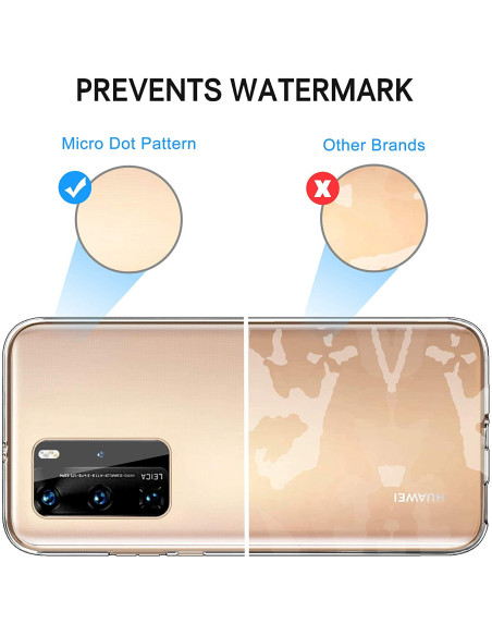 Sidovy av Huawei P40 Pro med transparent skal som visar kamerautskärning och mikroprickmönster