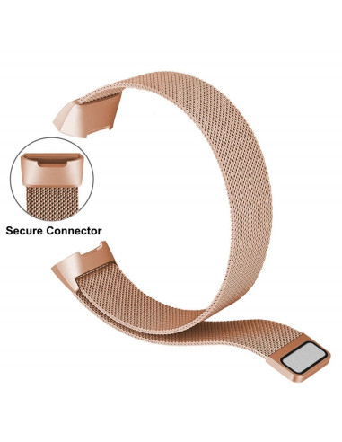 Detaljvy av Fitbit Charge 4 armband i Milanesisk loop-design i roséguld med säker anslutning